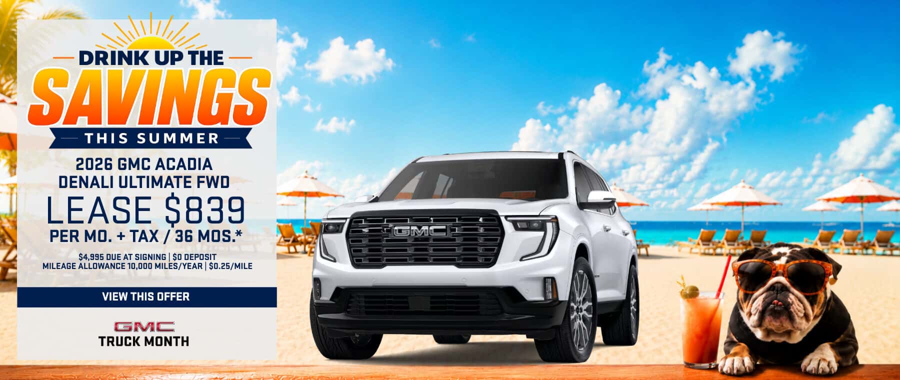 2026 GMC Acadia Denali Ultimate FWD lease offer near Valencia California during the GMC summer sales event.