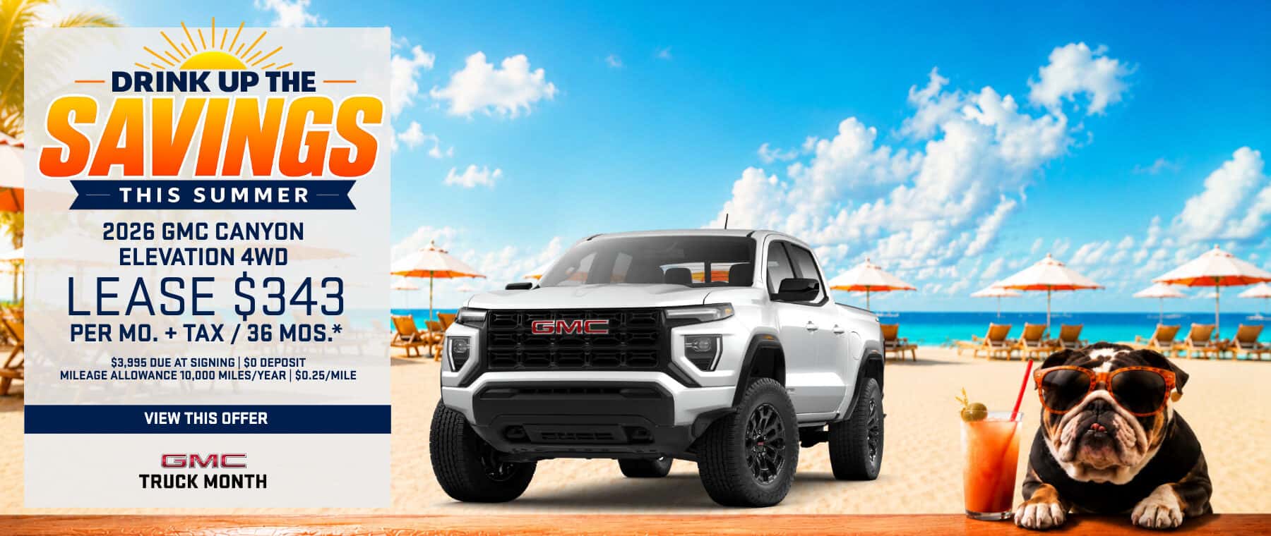 2026 GMC Canyon Elevation 4WD lease offer during the Drink Up The Savings Summer Event serving Valencia, Santa Clarita, Stevenson Ranch, Castaic, Saugus, Newhall and Canyon Country.