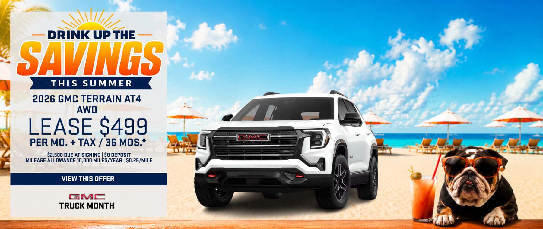 2026 GMC Terrain AT4 AWD lease special near Valencia CA during the Drink Up The Savings Summer Event.