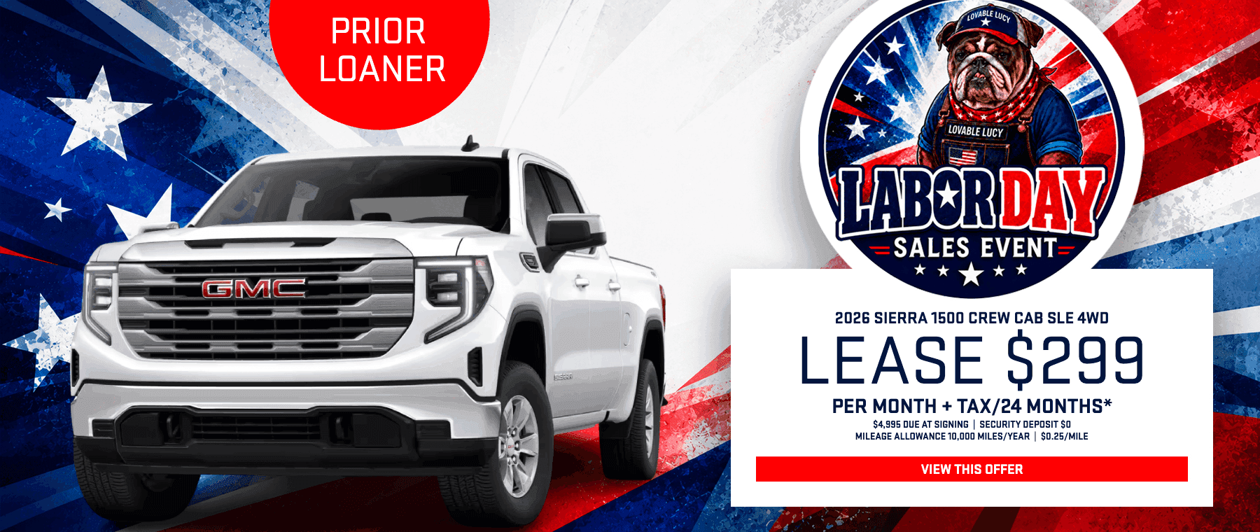 2026 GMC Sierra 1500 Crew Cab SLE 4WD prior courtesy loaner truck featured in a Labor Day sales event banner with American flag background.