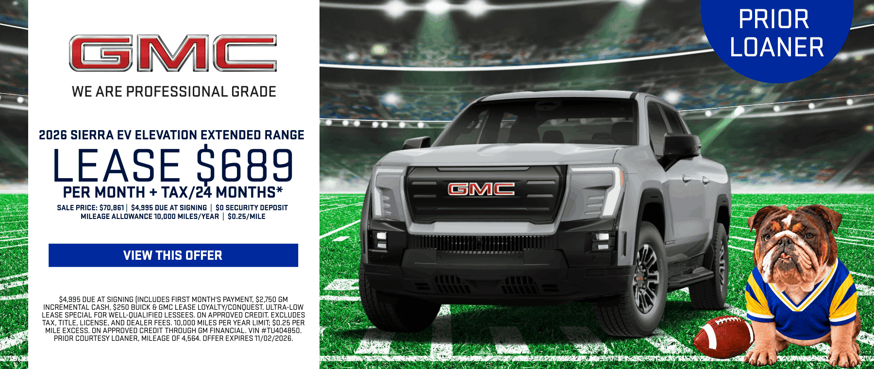 2026 GMC Sierra EV Elevation Extended Range 4WD prior courtesy loaner truck on display for lease specials at dealership in Santa Clarita Valley, California.