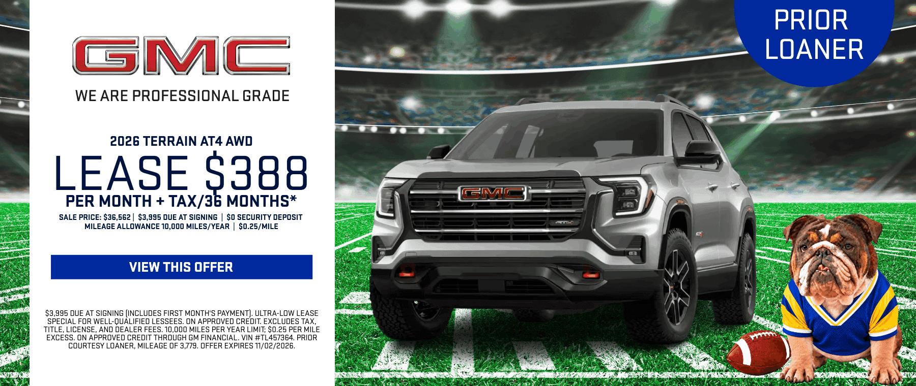 2026 GMC Terrain AT4 AWD in Sterling Metallic leased for $388 per month prior loaner deal at Magic GMC Santa Clarita.