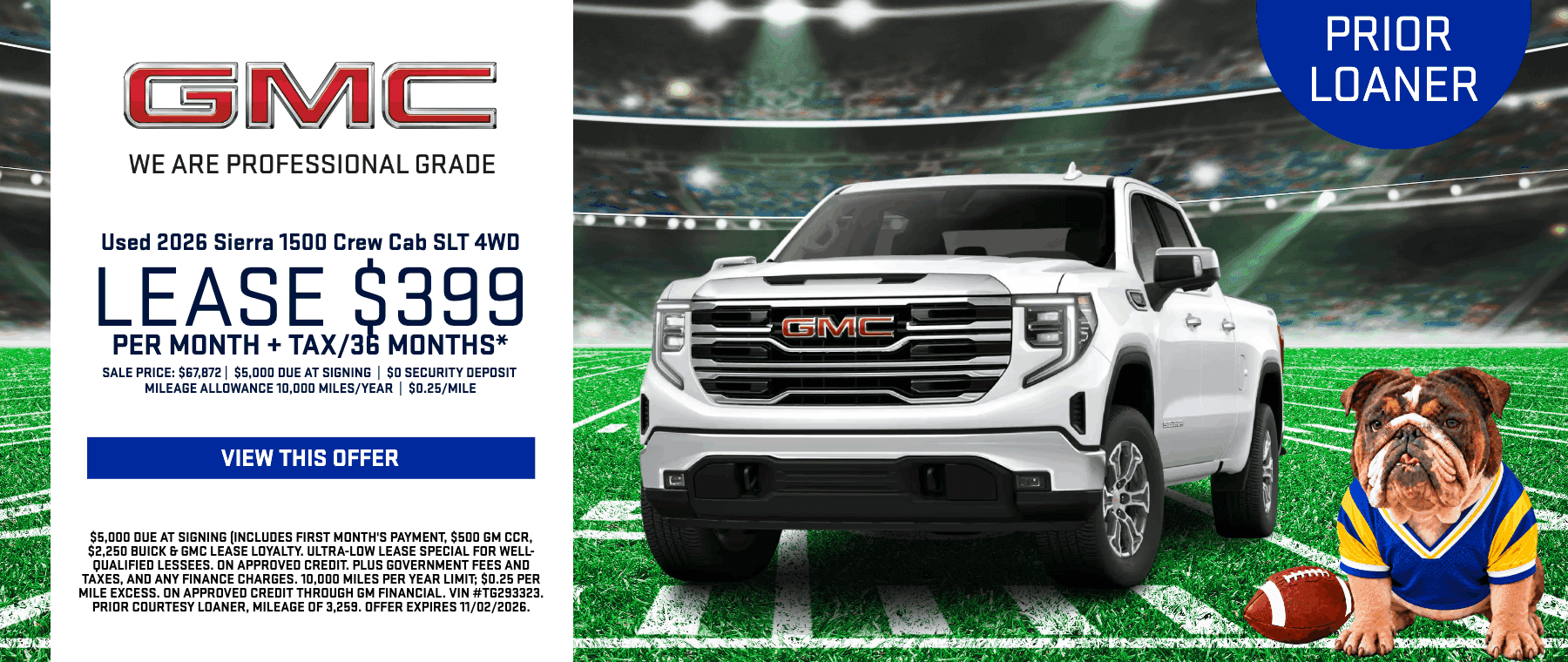 2026 GMC Sierra 1500 Crew Cab SLT 4WD prior courtesy loaner pickup truck featured for lease promotions in Santa Clarita, CA.