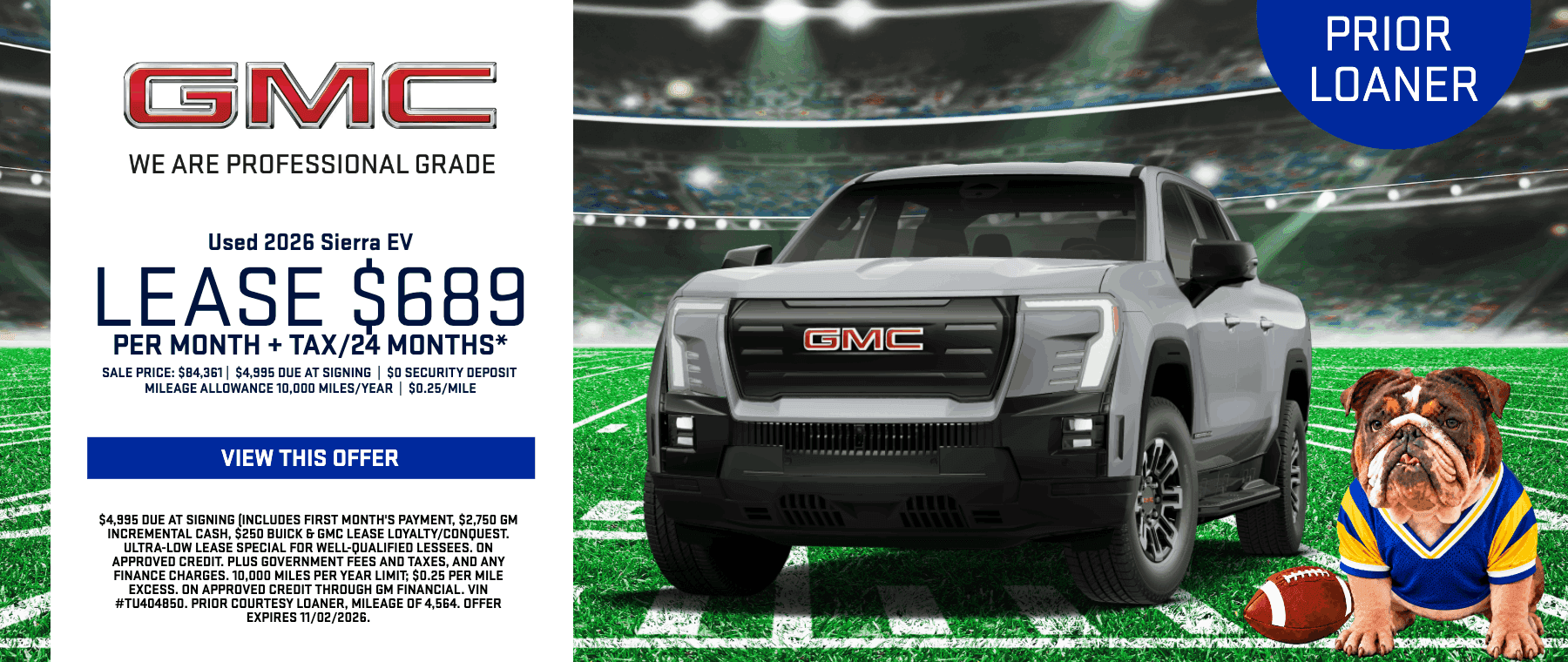 2026 GMC Sierra EV Elevation Extended Range 4WD prior courtesy loaner truck on display for lease specials at dealership in Santa Clarita Valley, California.