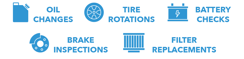 Oil Changes, Tire Rotations, Battery Checks, Brake Inspections, Filter Replacements