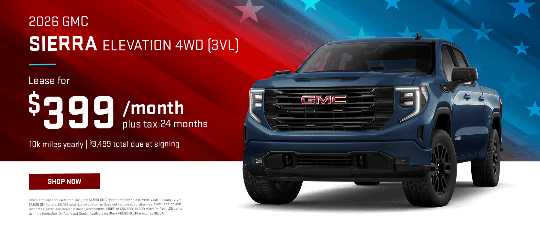 2026 GMC Sierra Elevation 4wd (3VL) Subtext: $399 Plus Tax 24 Months 10k Miles Yearly $3,499 Total Due at Signing