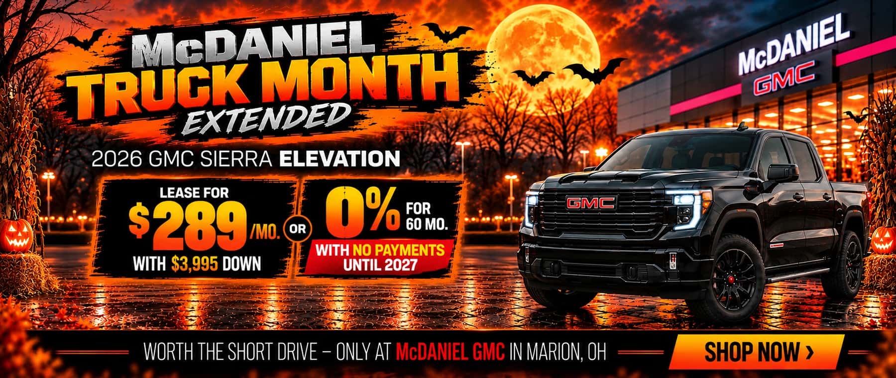 2026 GMC Sierra Elevation Halloween Truck Month Extended lease and 0% financing offer at McDaniel GMC in Marion, Ohio.