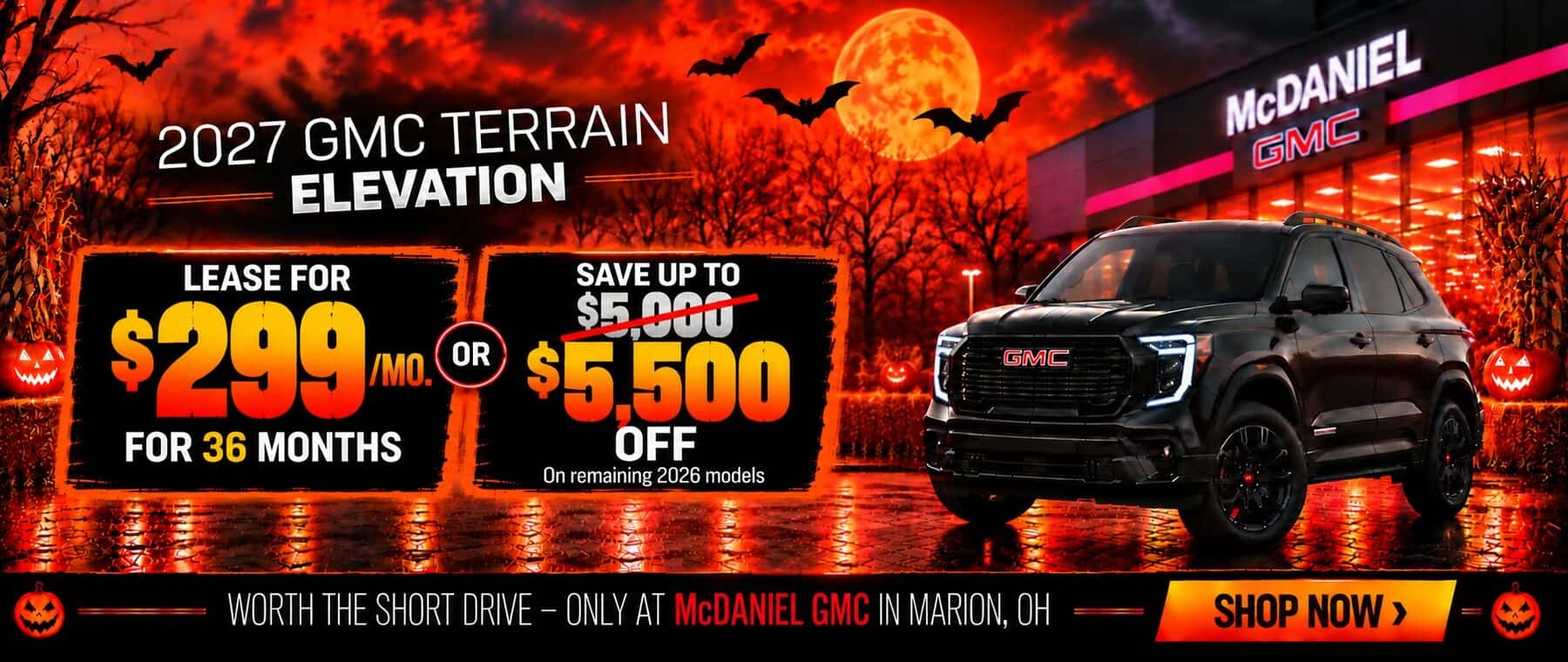 2027 GMC Terrain Elevation $299 per month lease offer at McDaniel GMC in Marion, Ohio, with Halloween-themed promotional graphics.