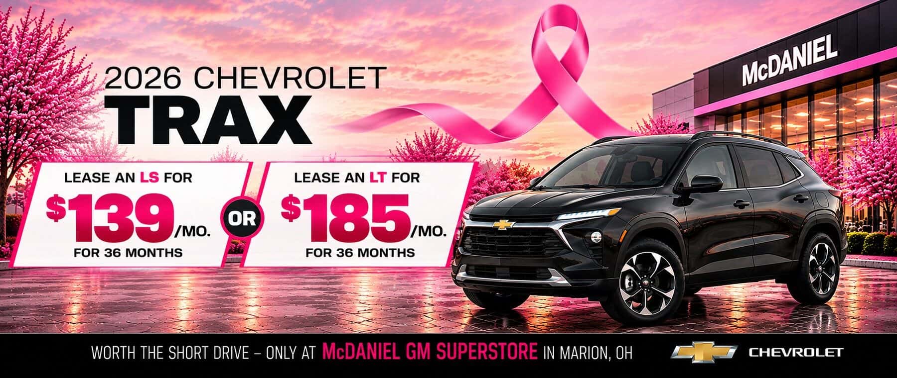 2026 Chevrolet Trax LS and LT lease specials starting at $139 per month at McDaniel GM Superstore in Marion, Ohio.