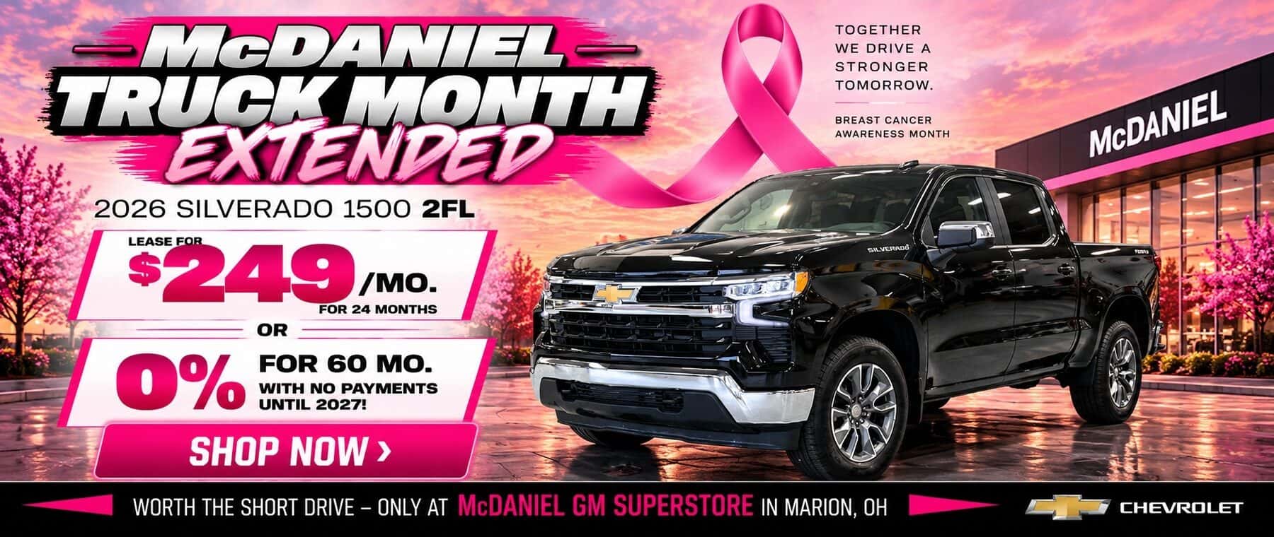 2026 Chevrolet Silverado 1500 2FL lease and 0% APR Truck Month Extended offers at McDaniel GM Superstore in Marion, Ohio.
