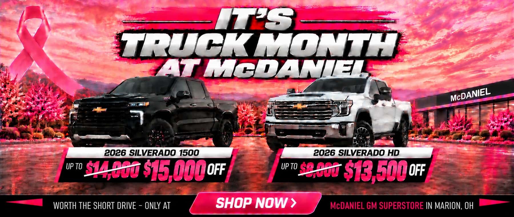 It’s Truck Month at McDaniel GM Superstore in Marion, Ohio: save up to $15,000 on a 2026 Chevrolet Silverado 1500 or $13,500 on a Silverado HD, plus a free Chevrolet cooler with a qualifying purchase October 12–31, 2026.