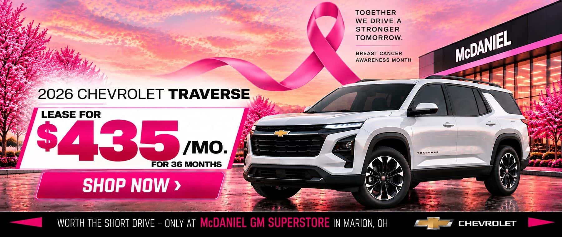 2026 Chevrolet Traverse lease for $435 per month for 36 months at McDaniel GM Superstore in Marion, Ohio, featuring Breast Cancer Awareness Month.