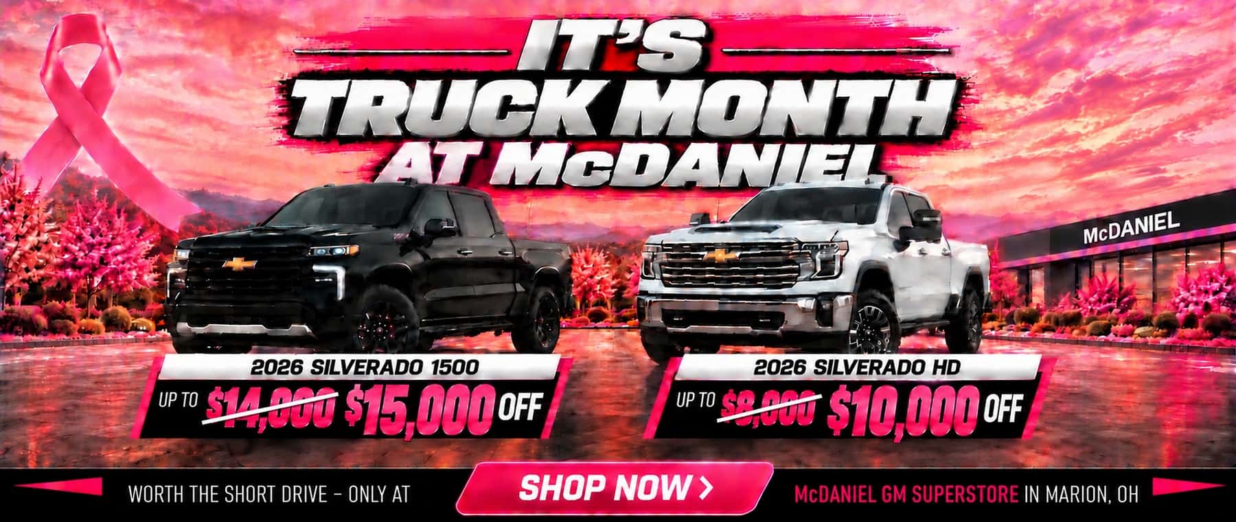 It’s Truck Month at McDaniel GM Superstore in Marion, Ohio: save up to $15,000 on a 2026 Chevrolet Silverado 1500 or $10,000 on a Silverado HD, plus a free Chevrolet cooler with a qualifying purchase October 12–31, 2026.