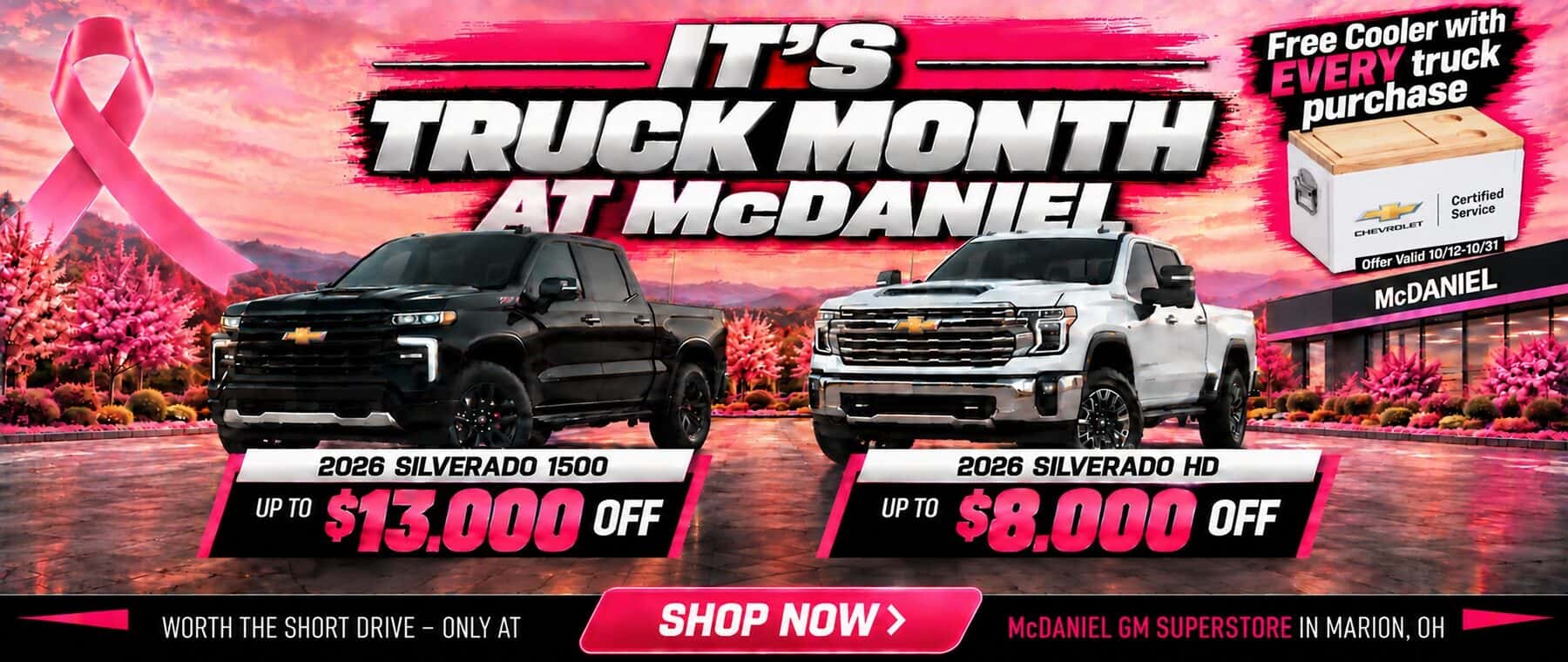 It’s Truck Month at McDaniel GM Superstore in Marion, Ohio: save up to $13,000 on a 2026 Chevrolet Silverado 1500 or $8,000 on a Silverado HD, plus a free Chevrolet cooler with a qualifying purchase October 12–31, 2026.