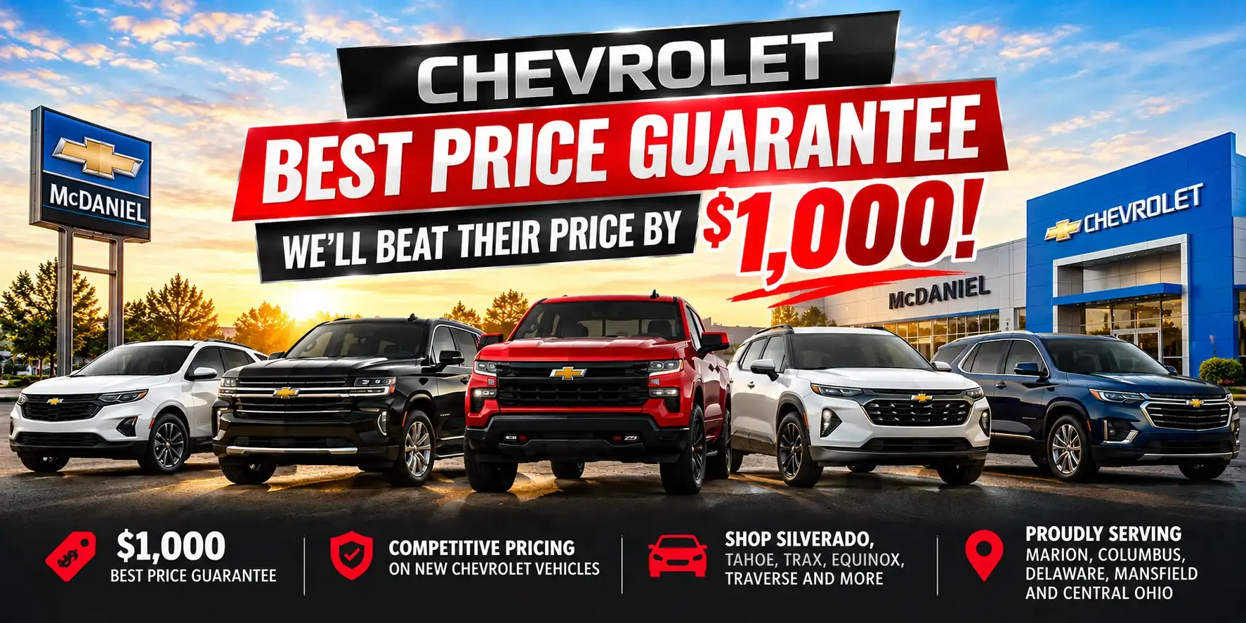 McDaniel Chevrolet Best Price Guarantee offering to beat qualifying competitor prices by $1,000 in Marion, Ohio.