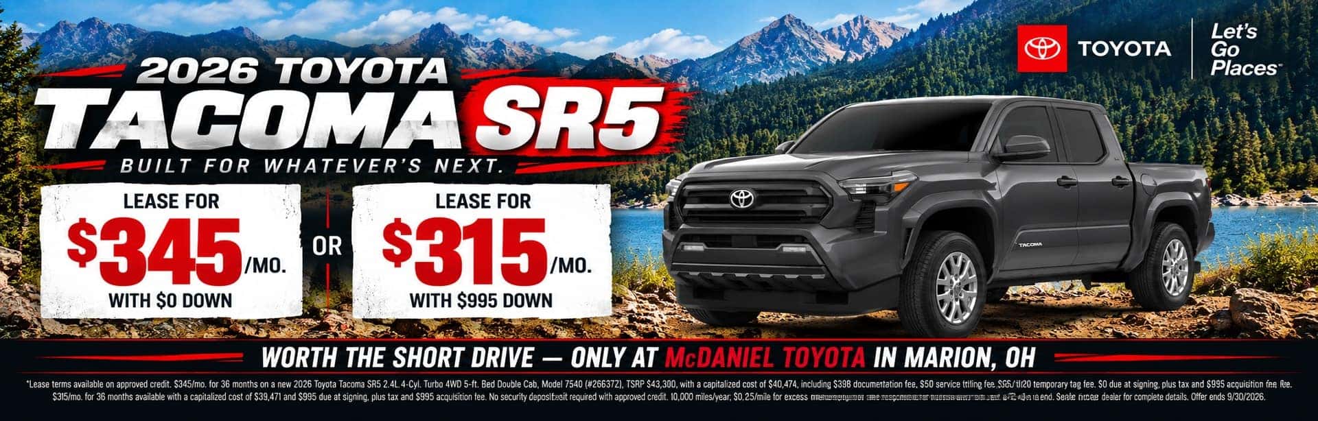 2026 Toyota Tacoma SR5 lease specials at McDaniel Toyota in Marion, Ohio.