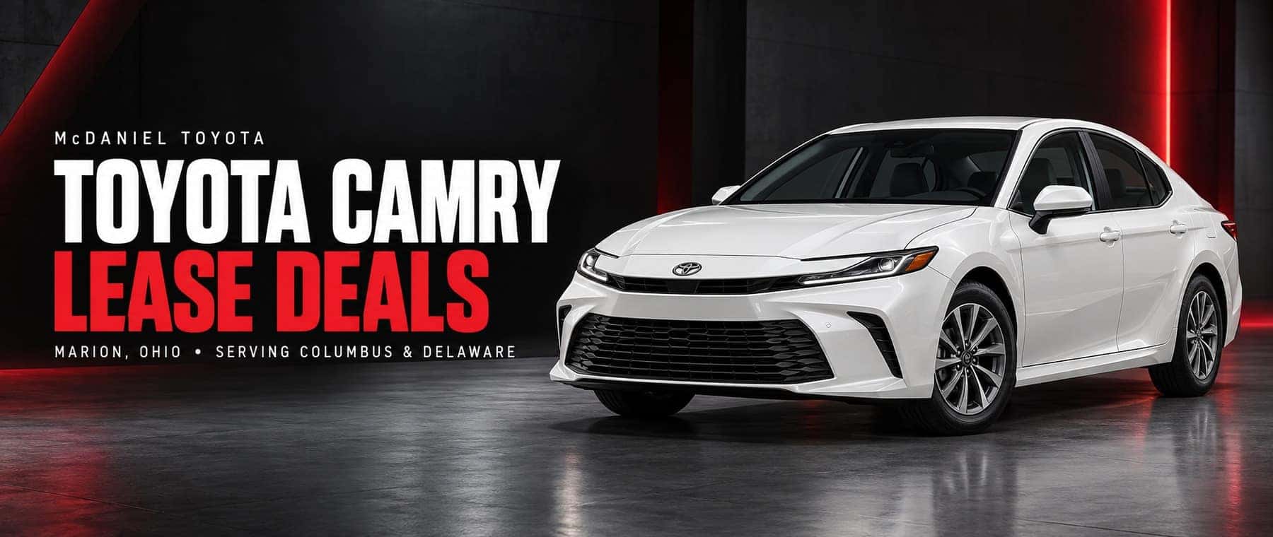 Toyota Camry with McDaniel Toyota lease deals branding in Marion, Ohio, serving Columbus and Delaware.