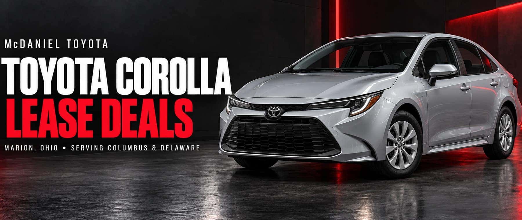 Silver Toyota Corolla with McDaniel Toyota lease deals branding in Marion, Ohio, serving Columbus and Delaware.