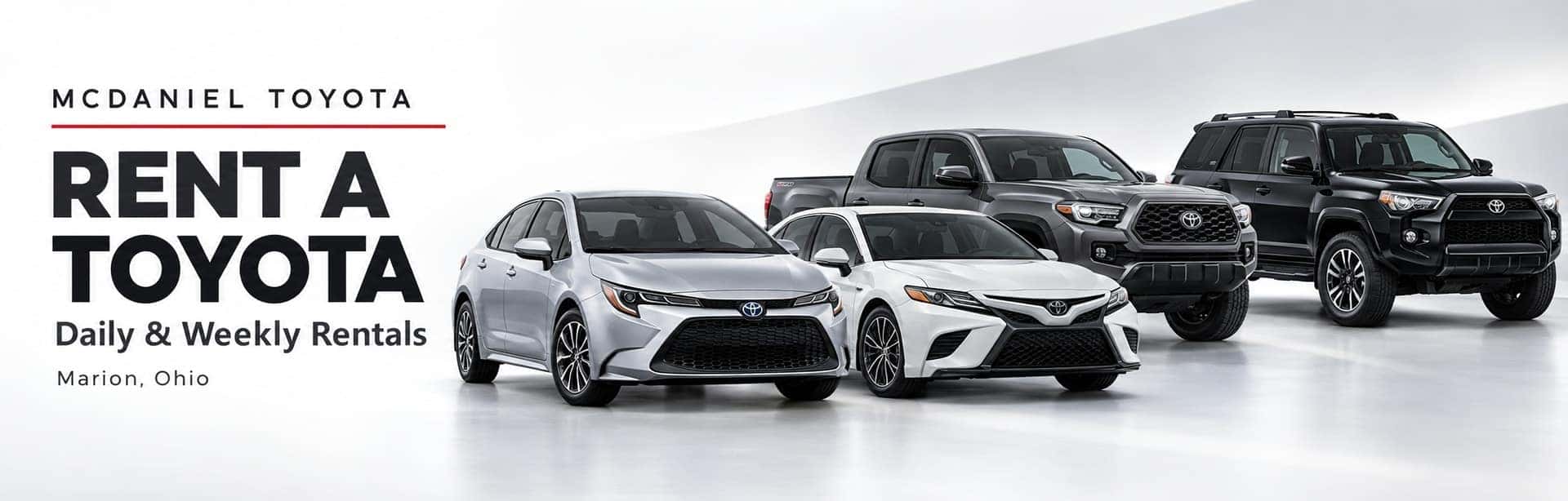 McDaniel Toyota Rent-A-Toyota banner featuring Corolla, Camry, Tacoma, and 4Runner vehicles for daily and weekly rentals in Marion, Ohio.