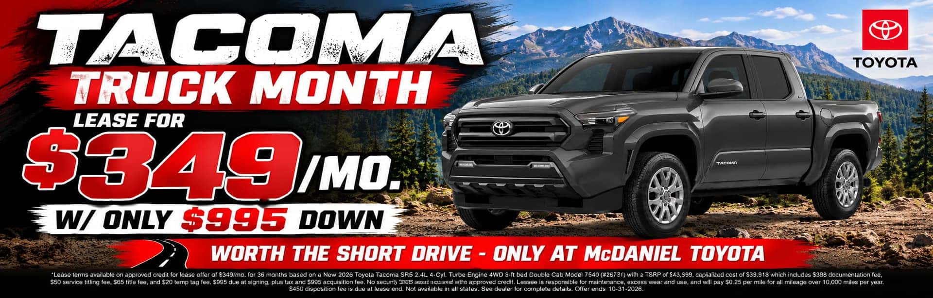 2026 Toyota Tacoma SR5 Truck Month lease offer for $349 per month with $995 down at McDaniel Toyota in Marion, Ohio.