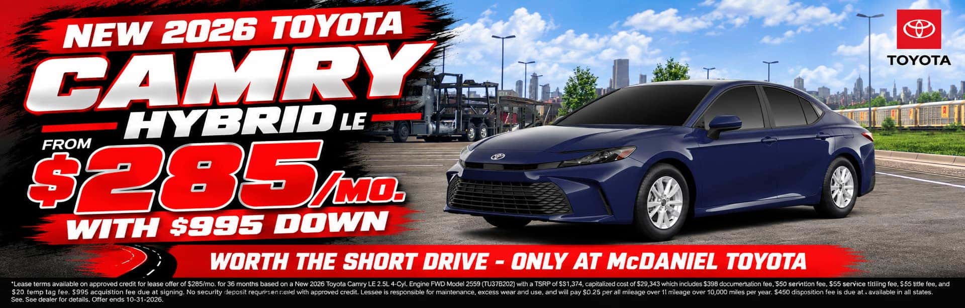2026 Toyota Camry Hybrid LE lease offer for $285 per month with $995 down at McDaniel Toyota in Marion, Ohio.