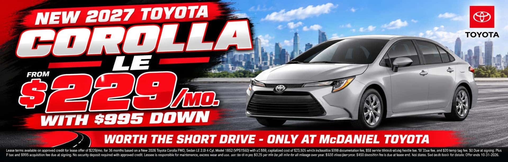 2027 Toyota Corolla LE lease offer from $229 per month with $995 down at McDaniel Toyota in Marion, Ohio.