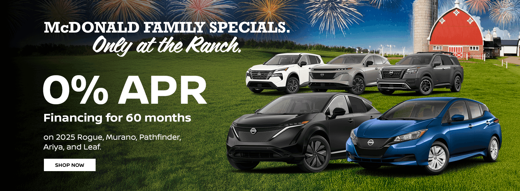 0% APR financing for 60 months on 2025 Rogue, Murano, Pathfinder, Ariya, and Leaf.