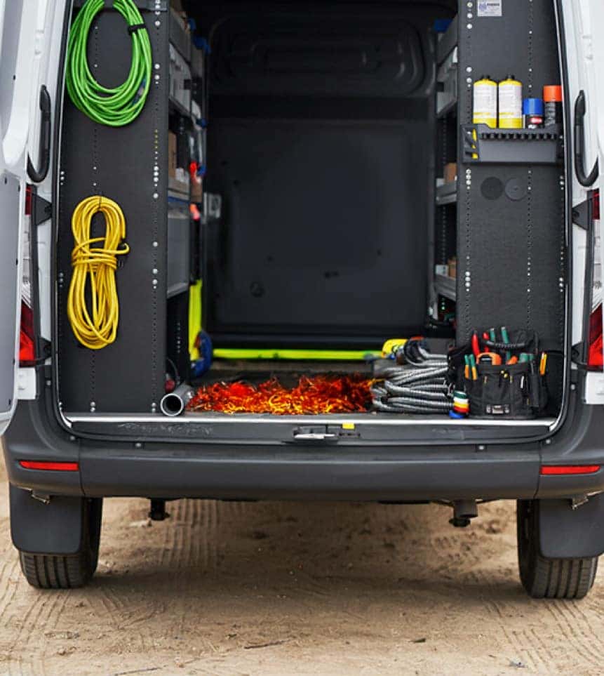 Electrician van interior organized with upfit