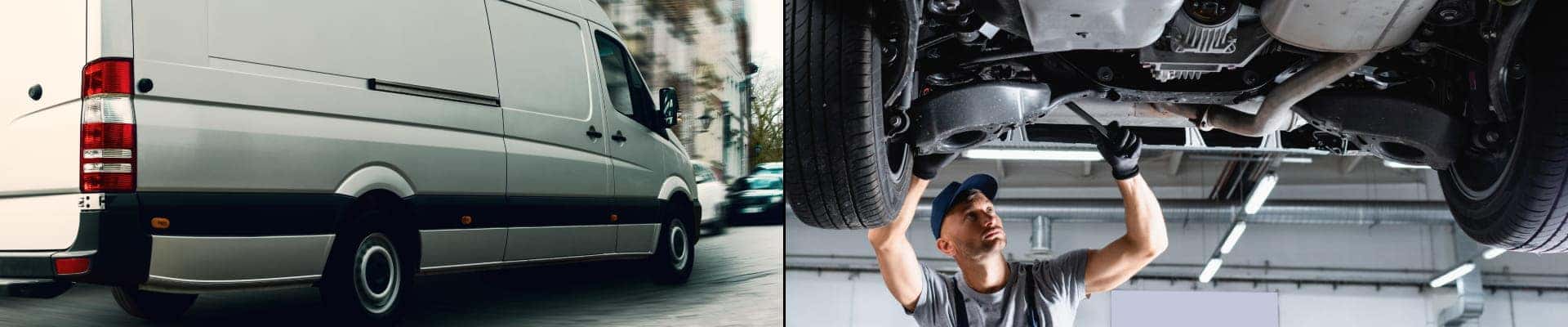 Sprinter van on the road alongside a technician inspecting a vehicle on a lift.