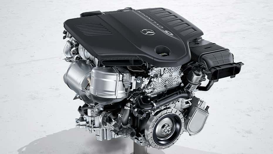 Close up view of a handcrafted high-performance Mercedes-AMG engine block
