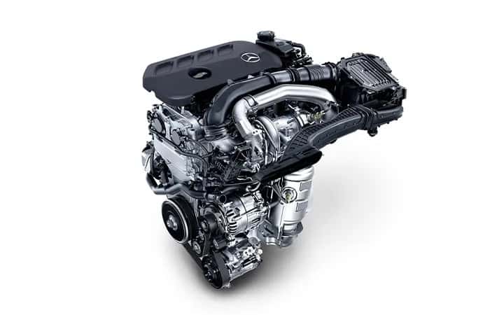 Under-hood perspective of the 2026 Mercedes-Benz GLA 2.0L turbo inline-4 engine with 48V mild hybrid components