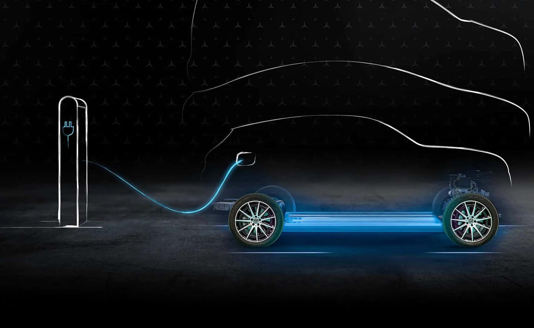 A Mercedes-Benz Wallbox charging an EQS sedan.