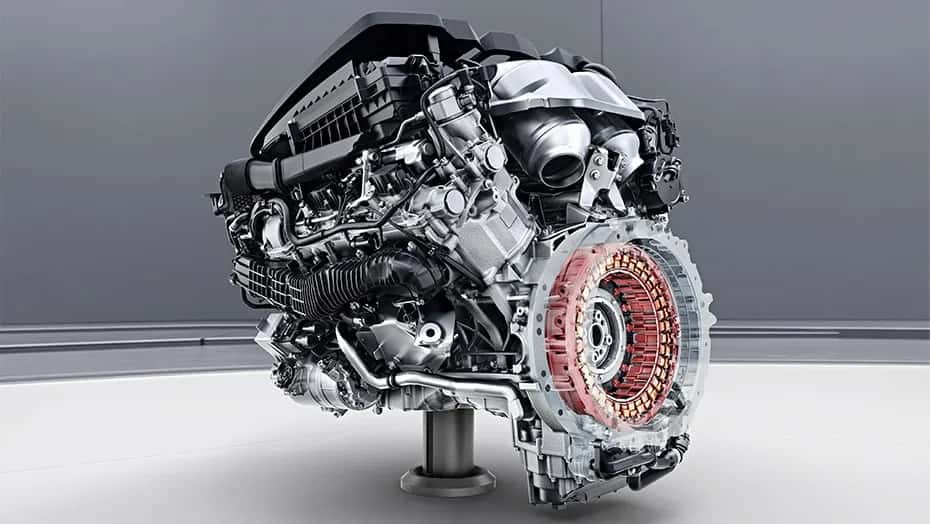 Under-hood perspective of the premium Mercedes-Benz 4.0L V8 biturbo engine layout
