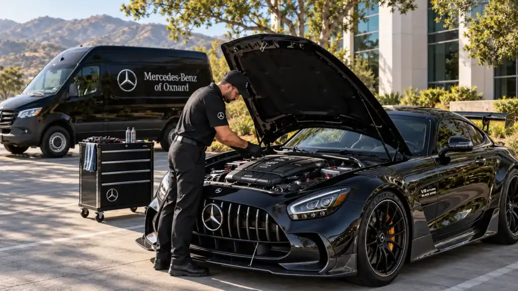 Mercedes-Benz of Oxnard mobile service technician servicing a black AMG GT Black Series in Thousand Oaks