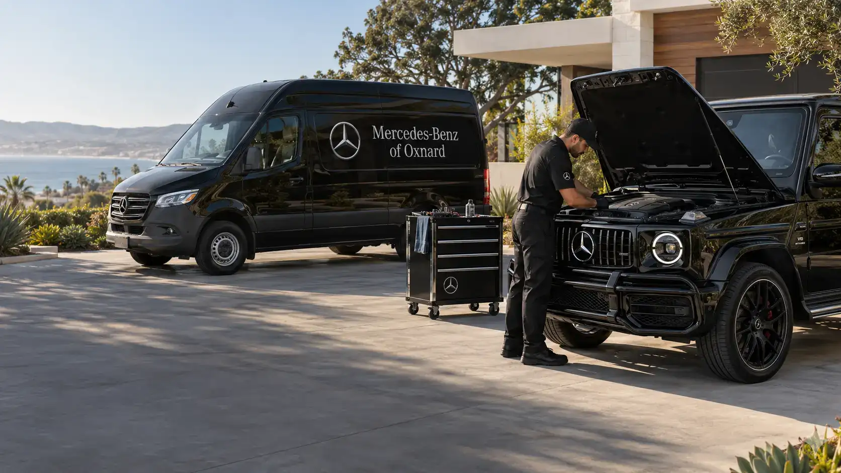 Mercedes-Benz of Oxnard mobile service technician servicing a G-Class at a customer’s home