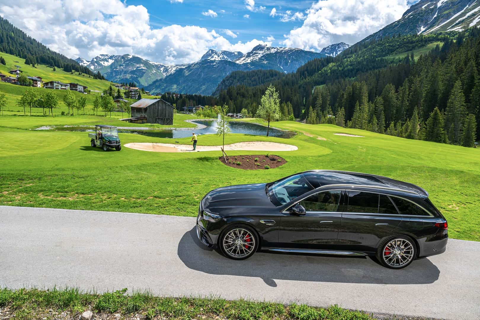 2026 Mercedes Benz AMG E 53 Hybrid Wagon at a golf course