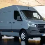 Mercedes Benz eSprinter van front view parked in a garage