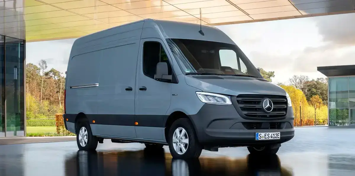 Mercedes Benz eSprinter van front view parked in a garage