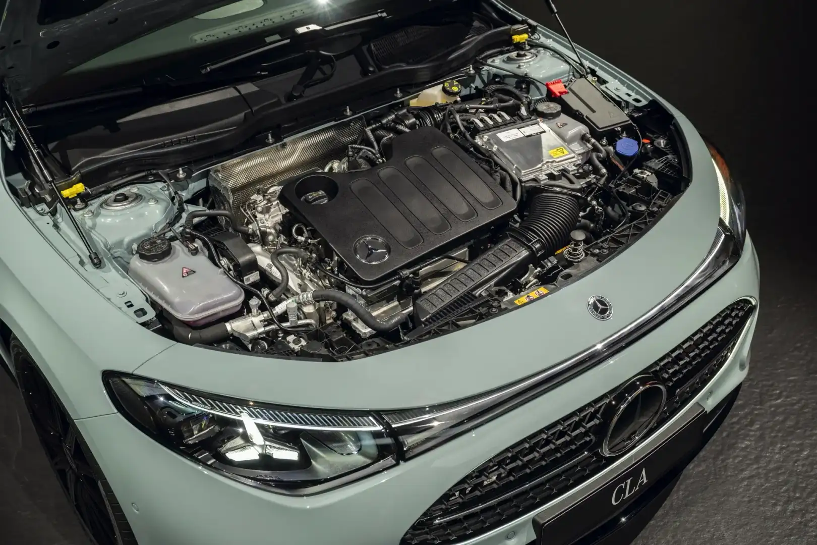 Under the hood view of the Mercedes Benz CLA