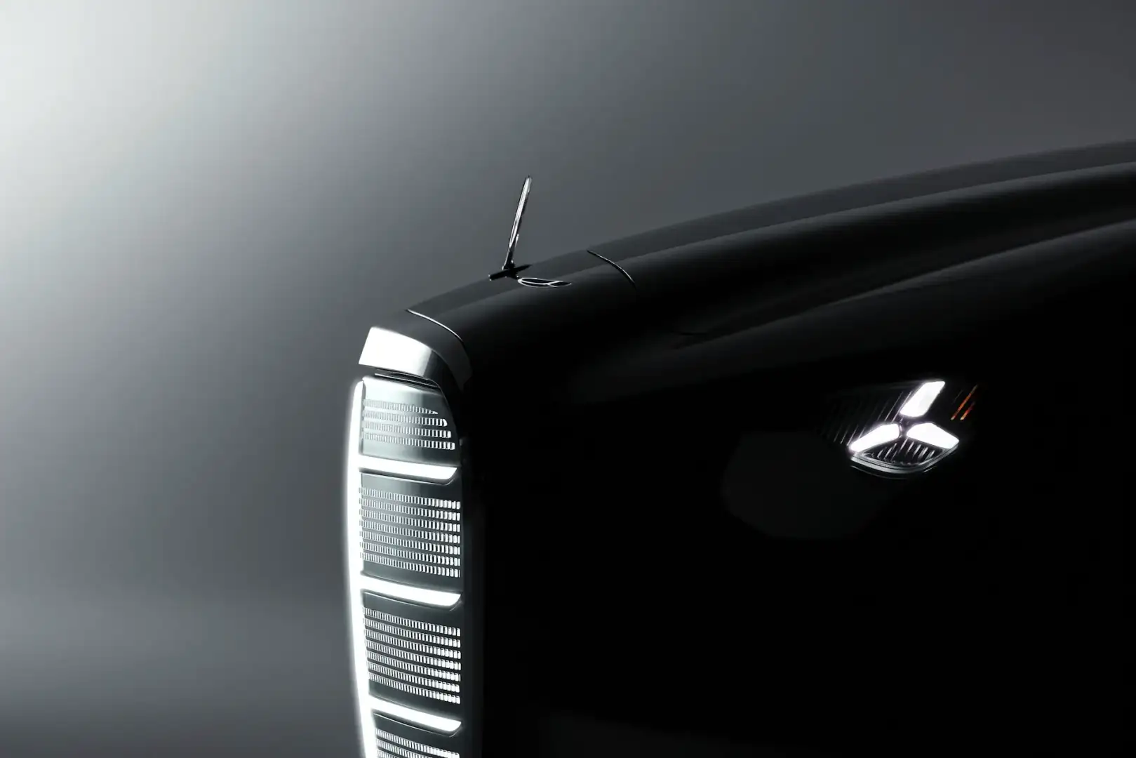 Mercedes Benz Vision Iconic black and white emblem and side view of the grille