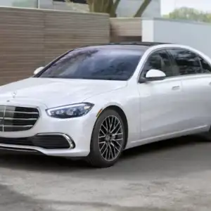 2026 Mercedes-Benz S-Class Sedan White Front and Driver Side Profile
