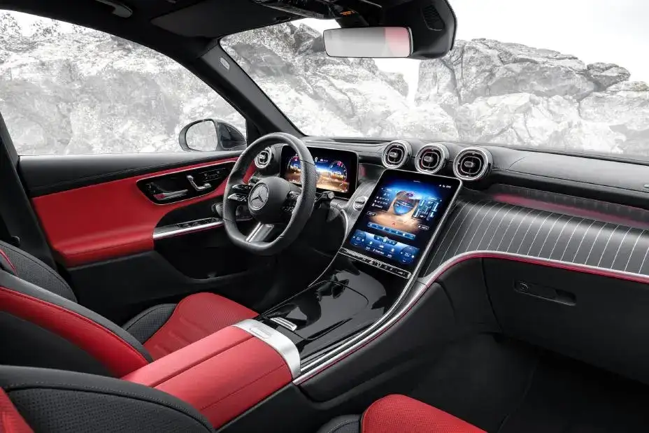 Mercedes-Benz GLC 300 interior view of the dash showing off the red interior detailing