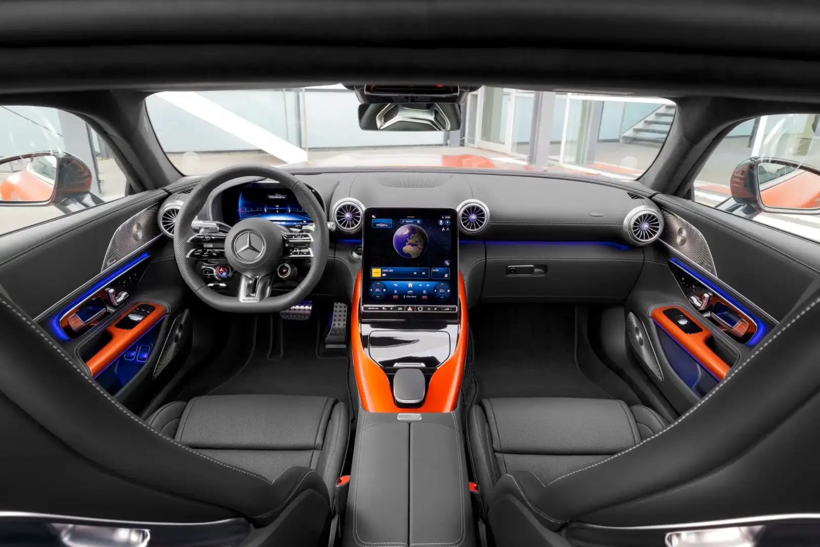 Interior view of the Mercedes-AMG with orange detailing