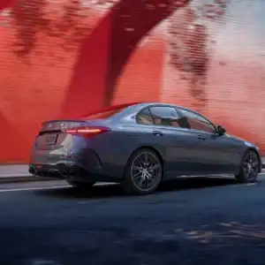 2026 Mercedes Benz C Class Sedan AMG C 43 Selenite Grey in motion