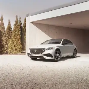 2026 Mercedes Benz E Class Sedan White parked on gravel