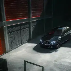 2026 Mercedes Benz E Class Wagon AMG Black in a warehouse
