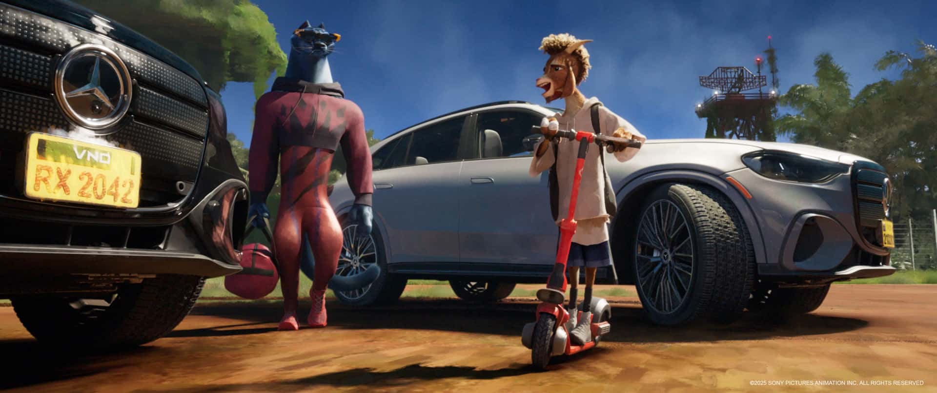 Silver Mercedes-Benz Behind two GOAT Characters