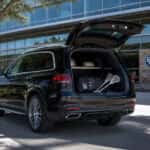 2026 Mercedes-Benz GLS SUV rear liftgate open with sports gear inside, Plano TX back-to-school carpool
