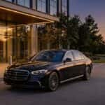 2026 Mercedes-Benz S-Class sedan parked at Plano corporate campus along Dallas North Tollway at dusk