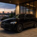 2026 Mercedes-Benz GLC at a North Texas dealership trade-in appraisal bay, Dallas North Tollway at dusk